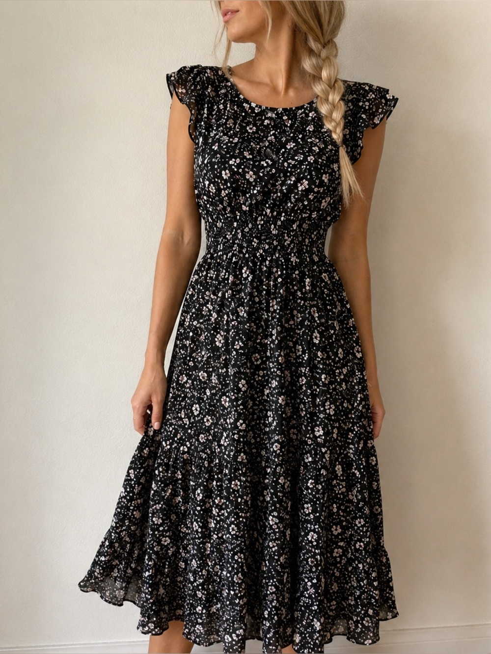 Le Ragazze Italy Black Floral Midi Dress Ruffle Sleeve Medium Fairy Grunge Goth